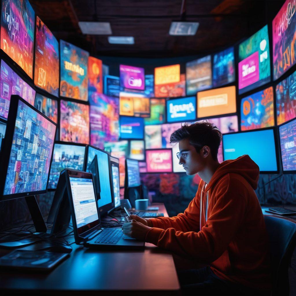 A thoughtful young person surrounded by computer screens displaying various blog posts and social media comments, showcasing a bustling online debate. The scene reflects a mix of youthful curiosity and caution, with visually striking contrasting colors to symbolize the complexity of the topic. Elements like speech bubbles filled with colorful graffiti art and symbols of digital communication (like thumbs up and comments) add depth. Background hints of a city skyline to indicate the contemporary digital age. super-realistic. vibrant colors. dynamic composition.